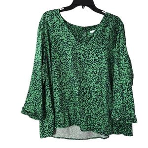 J.Jill Petite XL Green Floral Print Cotton Blend V-Neck Pullover Shirt Top
